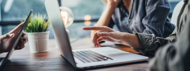 Two professionals reviewing technology partnership options on a laptop during a consultation