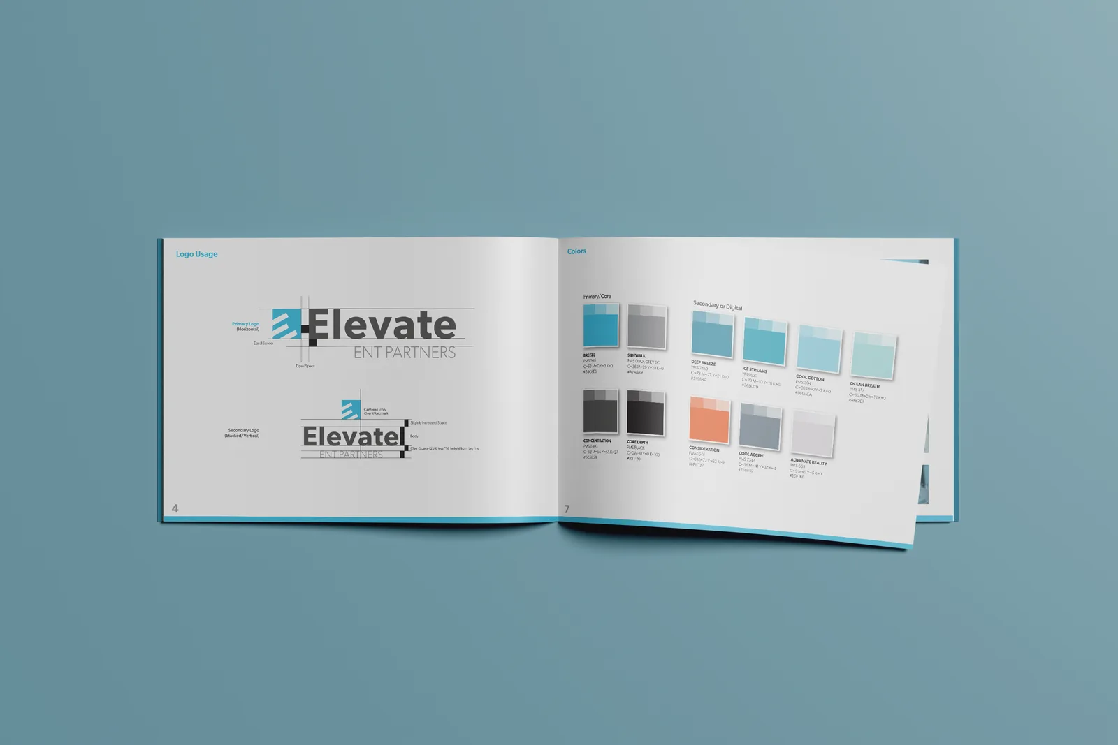 The Elevate Health brand guidelines open to the logo and colour system.