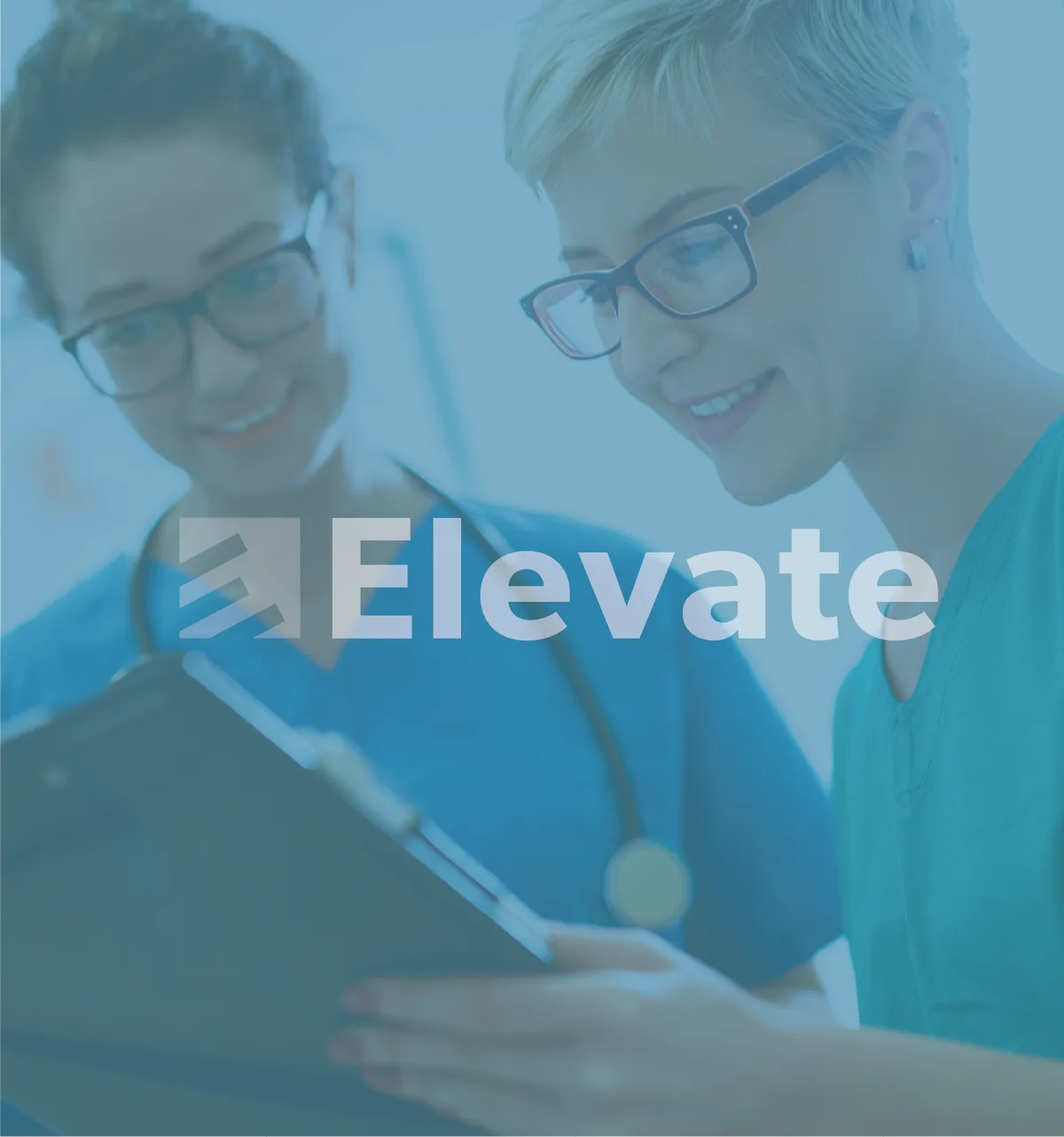 Two clinicians reviewing a chart together, under the Elevate mark.