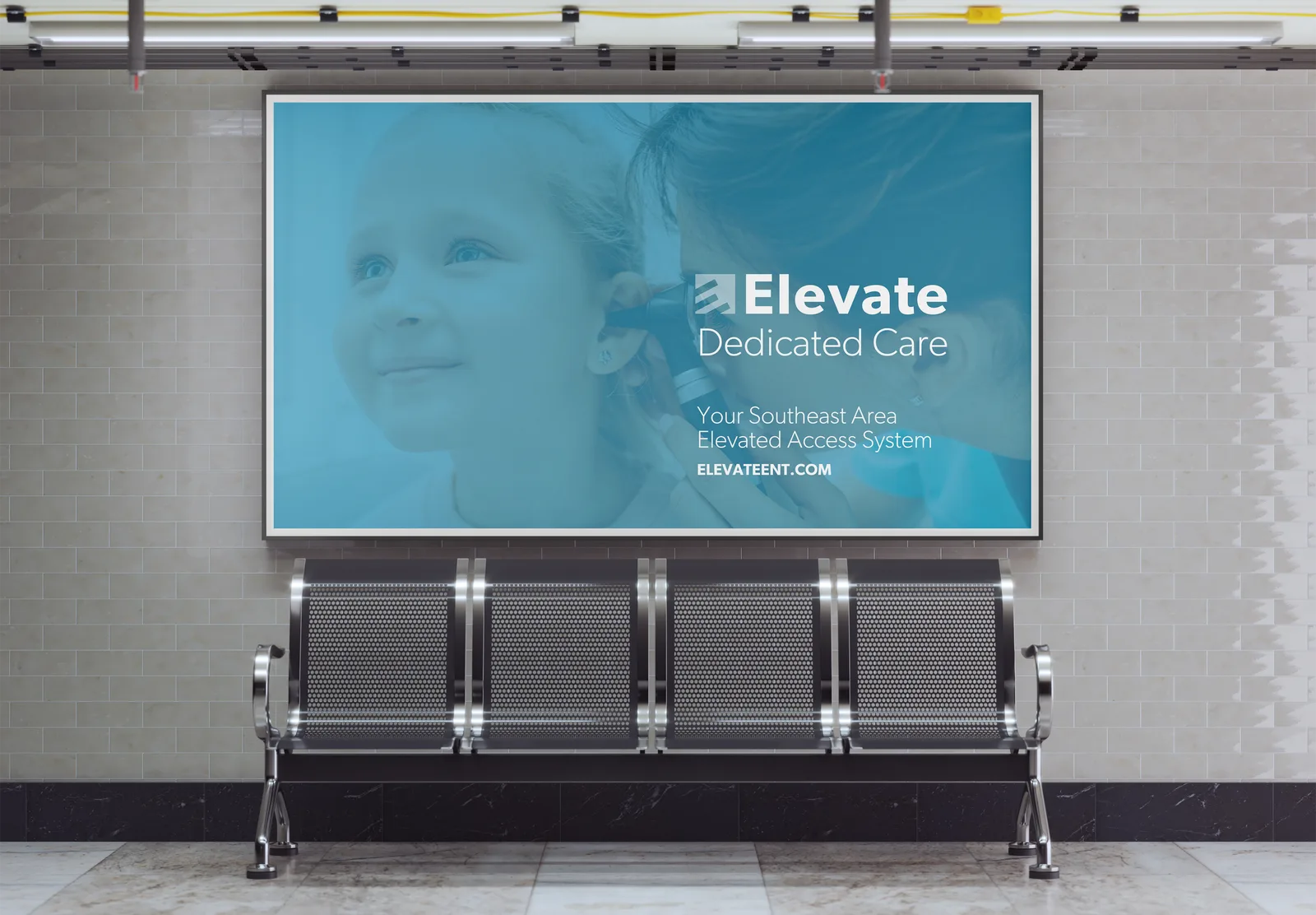 Elevate Dedicated Care signage in a clinic waiting room.