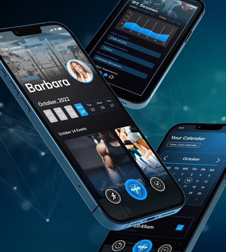 The GymRevenue member app showing a profile, class calendar, and session stats.