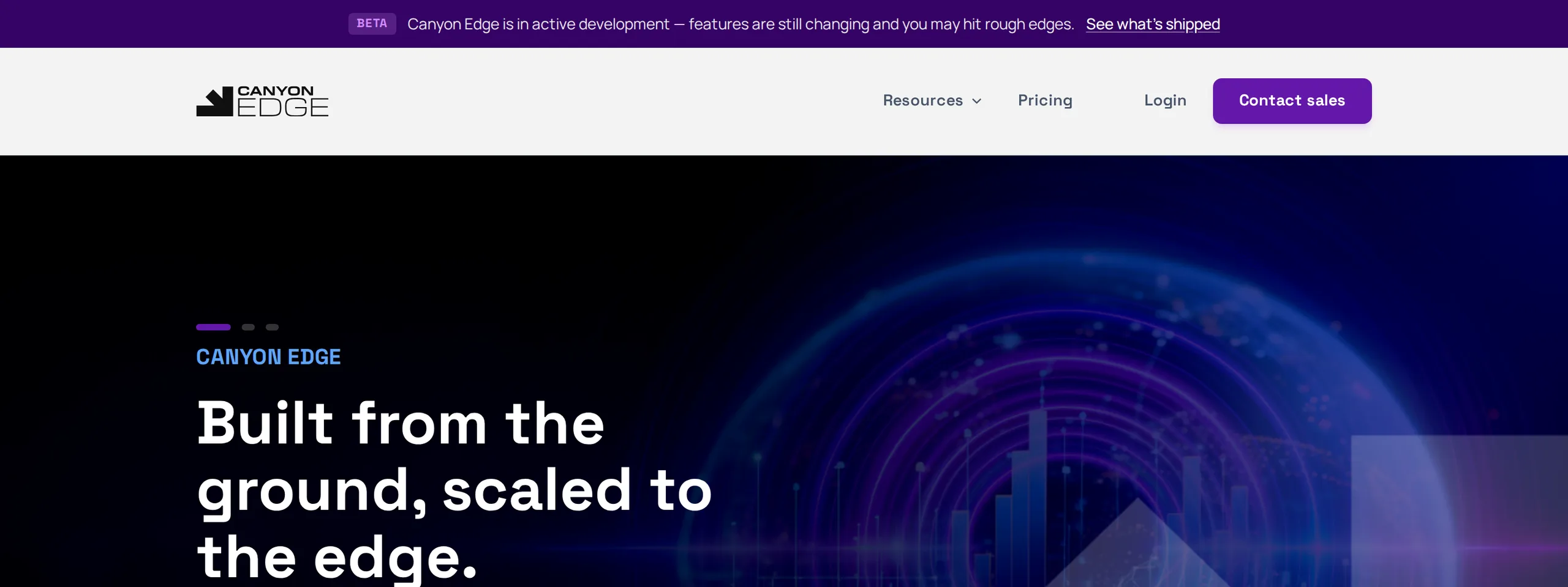 The canyonedge.net homepage: the Canyon Edge logo, navigation and the headline “Built from the ground, scaled to the edge.” over an animated network graphic.