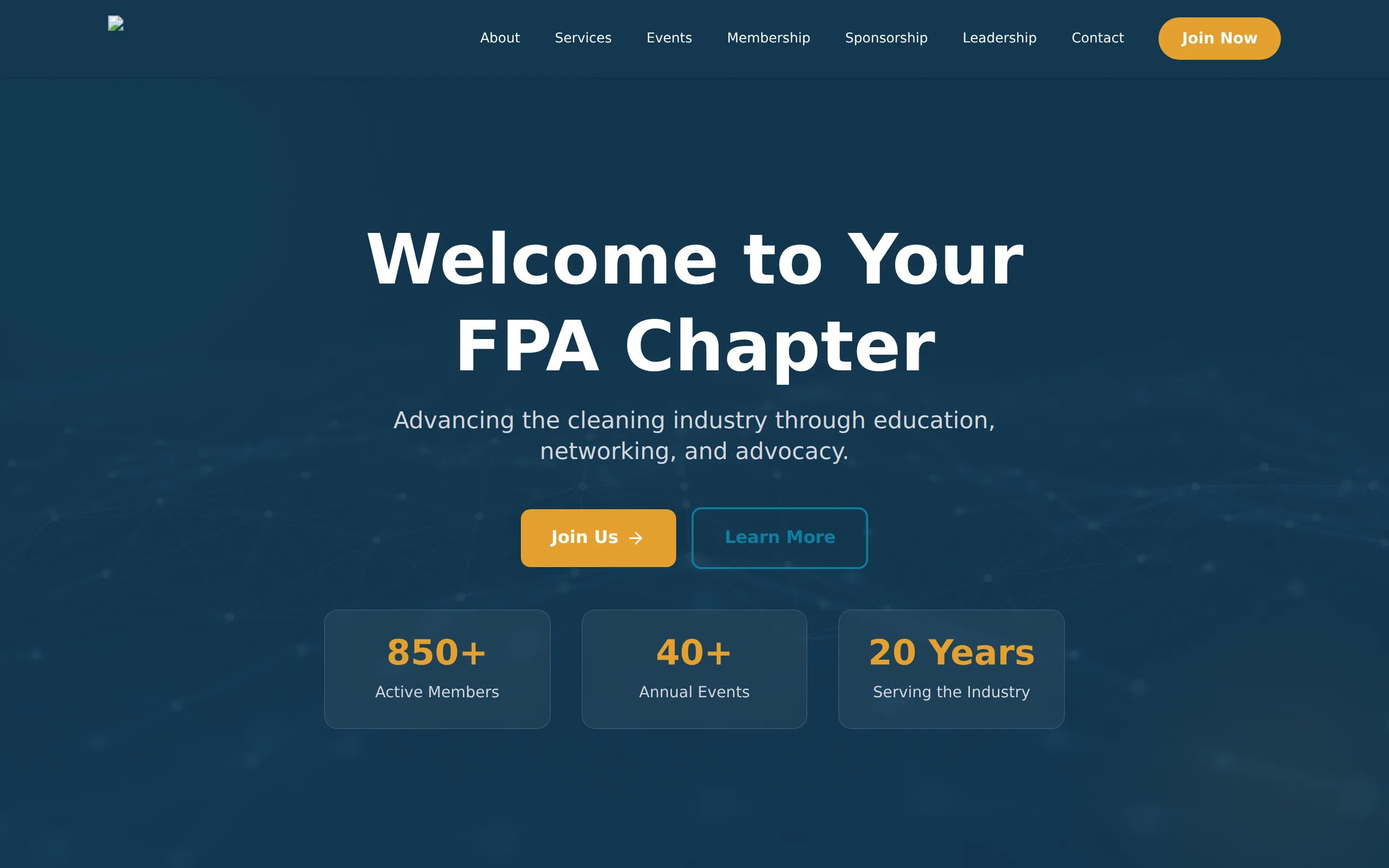 A chapter website published with Canyon Edge: navigation, a hero welcoming visitors to the chapter, calls to action and membership statistics.