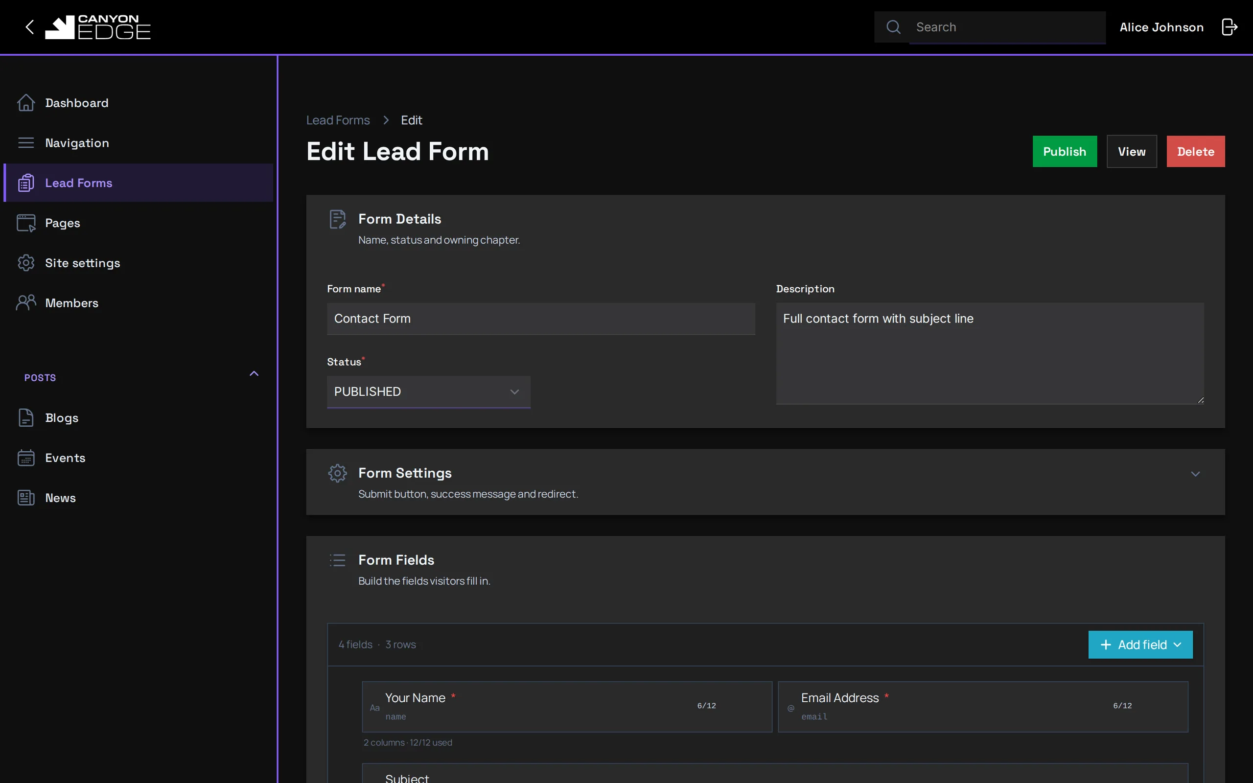 Canyon Edge lead form editor with form details, settings for the submit button and success message, and a drag-and-drop field grid with name and email fields.