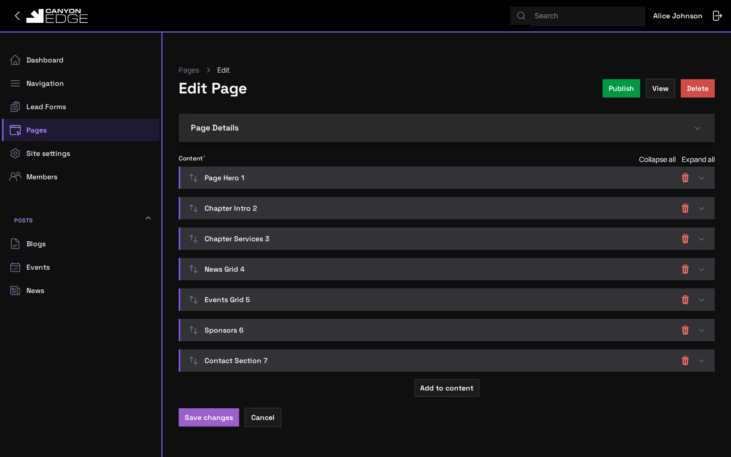Canyon Edge page editor showing a chapter homepage built from ordered blocks (Page Hero, Chapter Intro, Chapter Services, News Grid, Events Grid, Sponsors and Contact Section) with a Publish button.