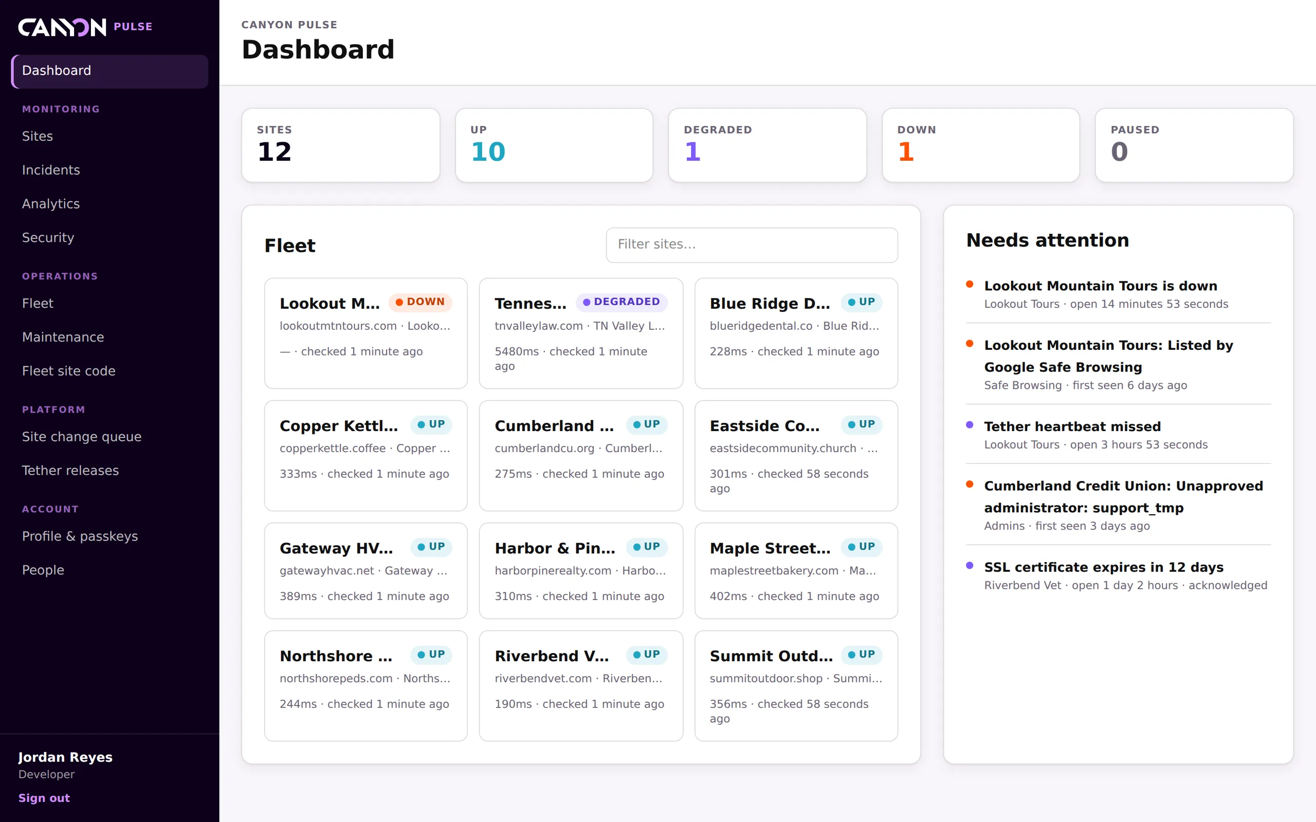 Canyon Pulse dashboard showing twelve monitored WordPress sites, their up, degraded and down status, and a needs-attention feed of open incidents.