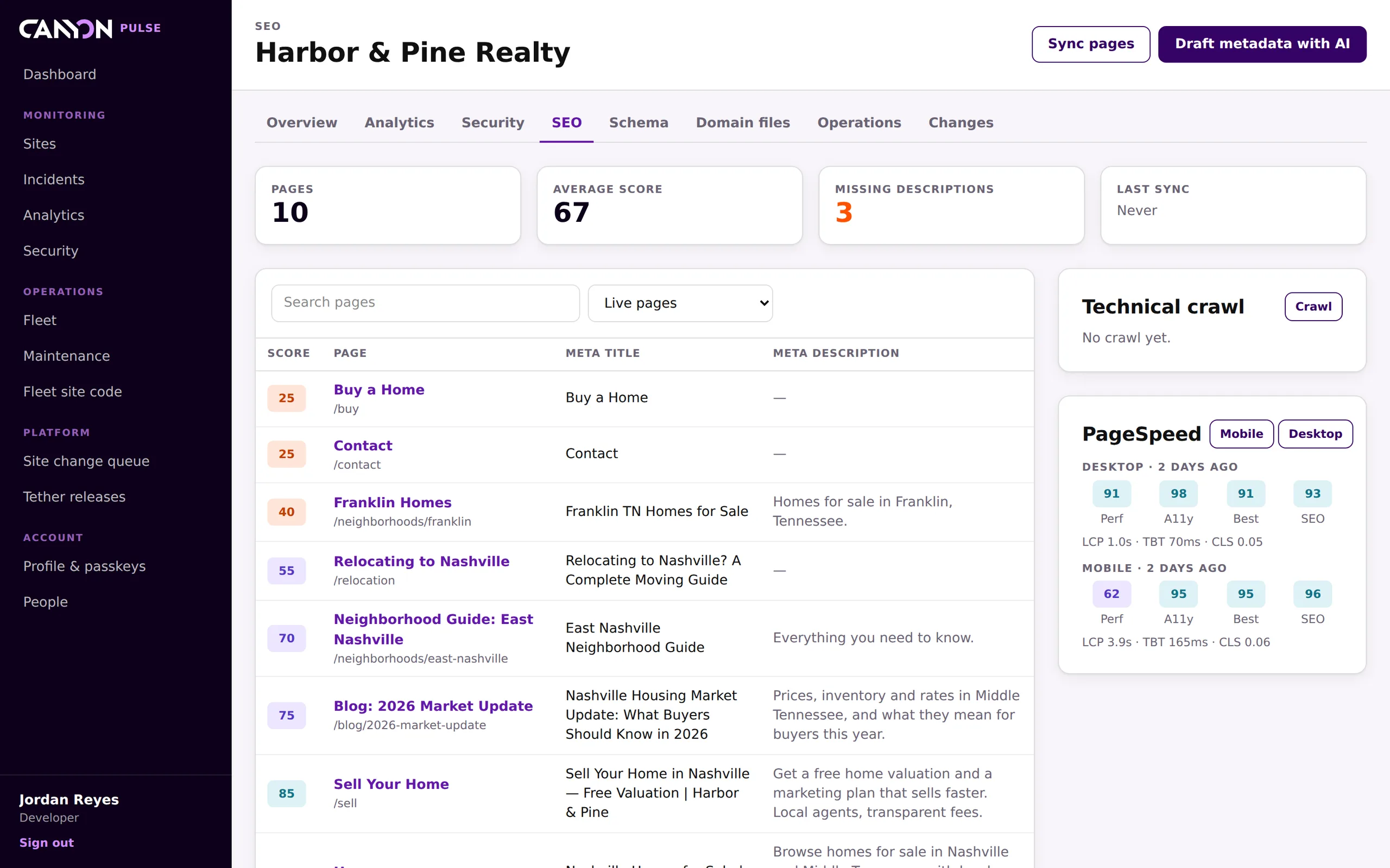 Canyon Pulse SEO view listing pages by score with their meta titles and descriptions, next to PageSpeed Lighthouse scores for mobile and desktop.