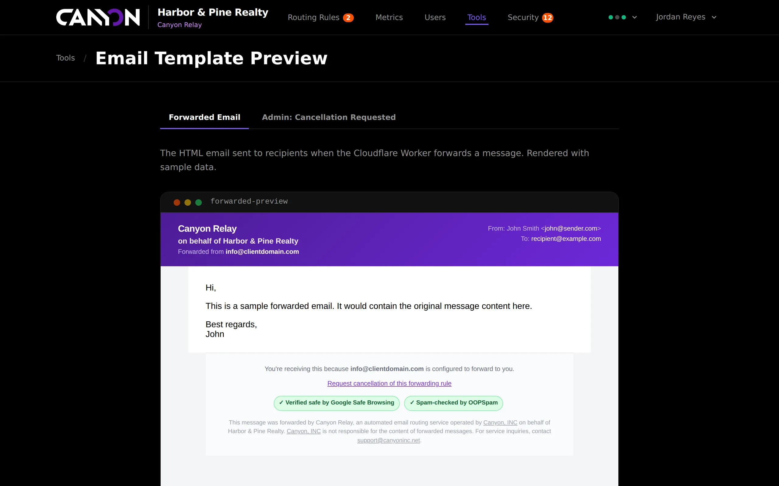 A forwarded email wrapped in Canyon Relay branding for a client, showing the original sender, a cancellation link, and badges confirming the message was checked by Google Safe Browsing and OOPSpam.
